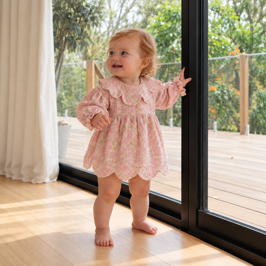 Organic Cotton Petal Romper Dress · Peony