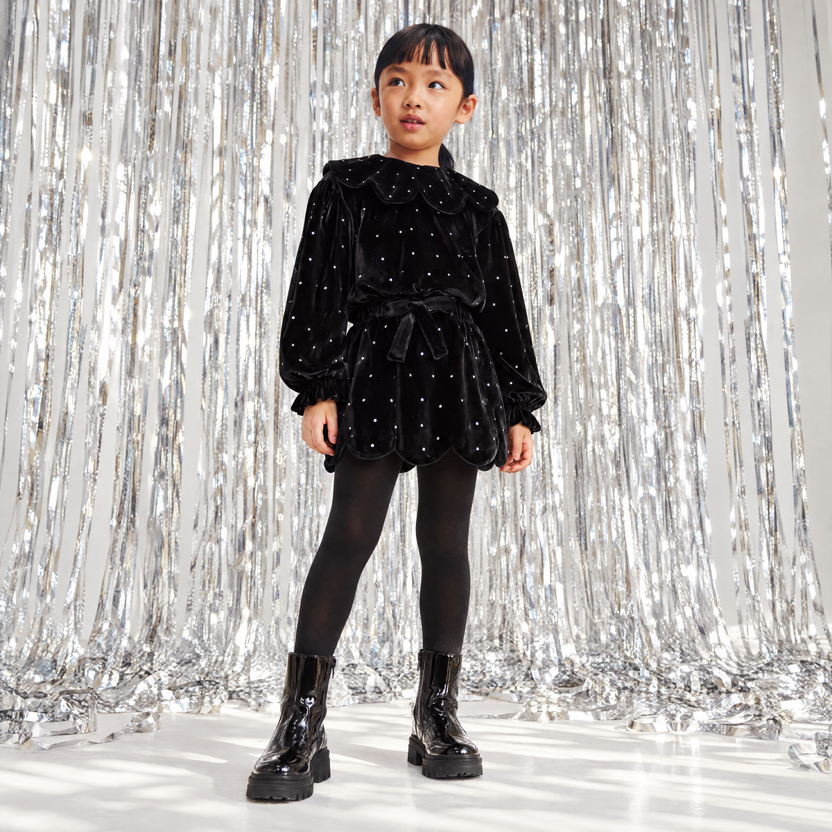 Petal 'Velvet Sparkle' Holiday Dress Set · Black Disco