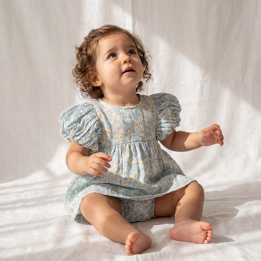 Organic Cotton Maya Romper Dress · Hydrangea