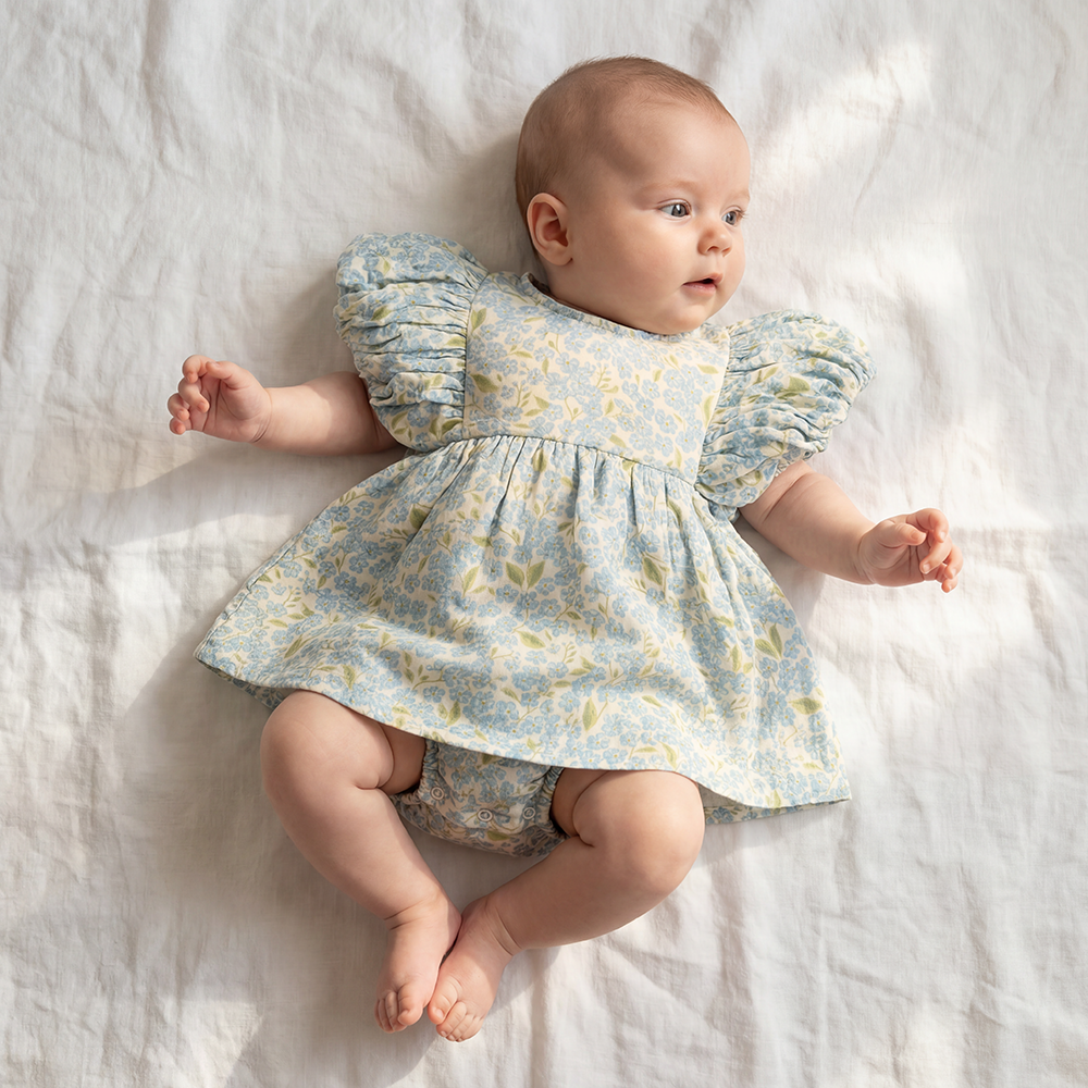 Organic Cotton Maya Romper Dress · Hydrangea / 18-24 Months