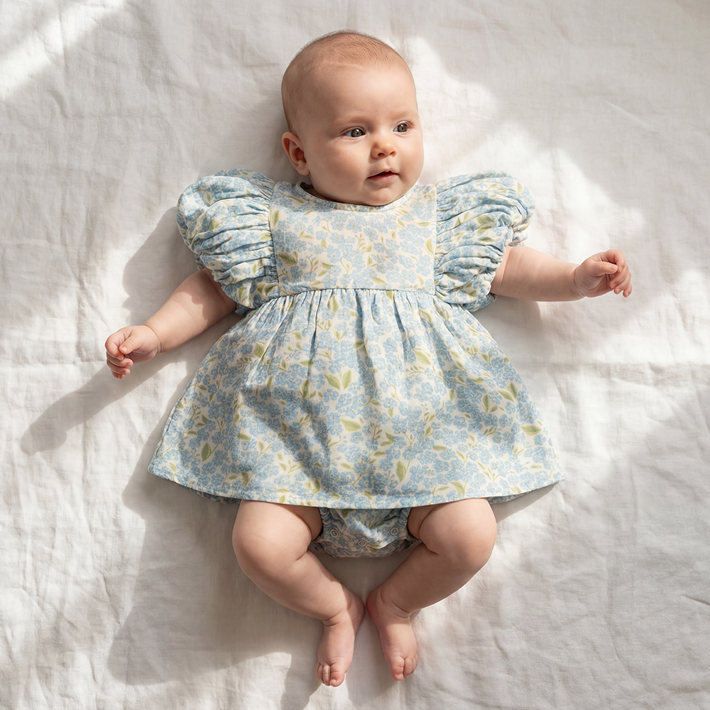 Organic Cotton Maya Romper Dress · Hydrangea