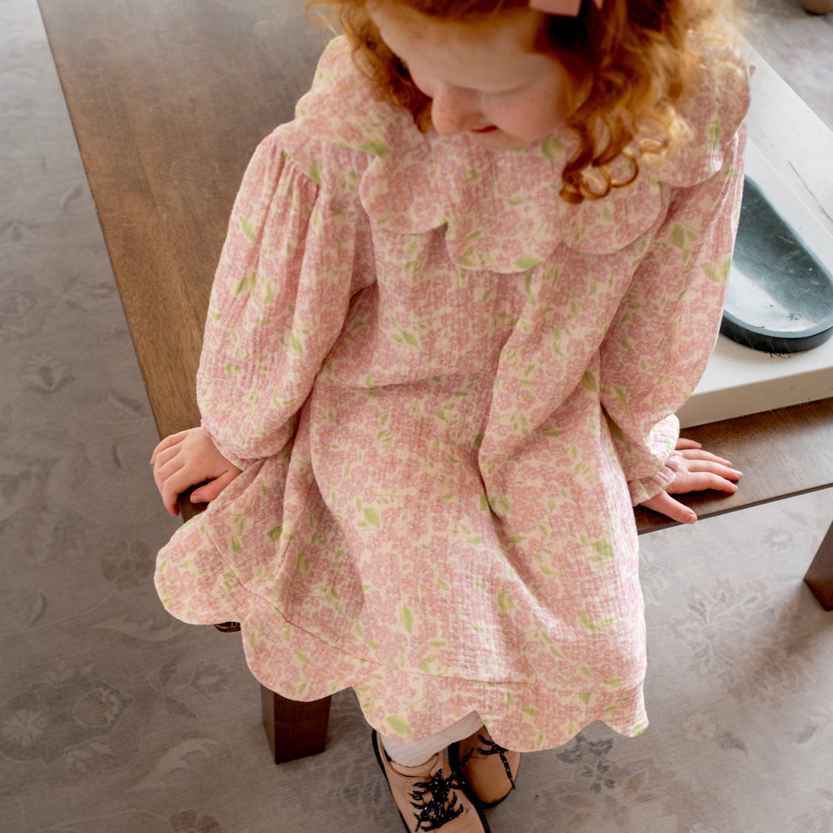 Organic Cotton Petal Smock Dress · Peony