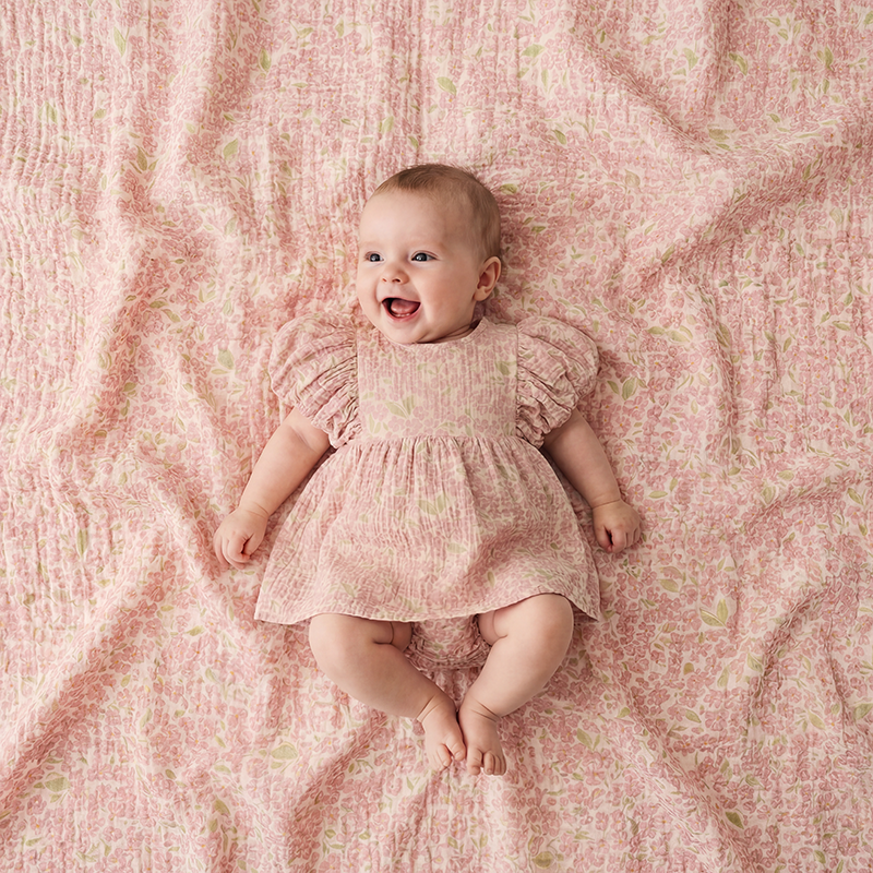 Petit Playa Organic Cotton Maya Romper Dress in Peony print, breathable organic cotton clothing for babies and girls