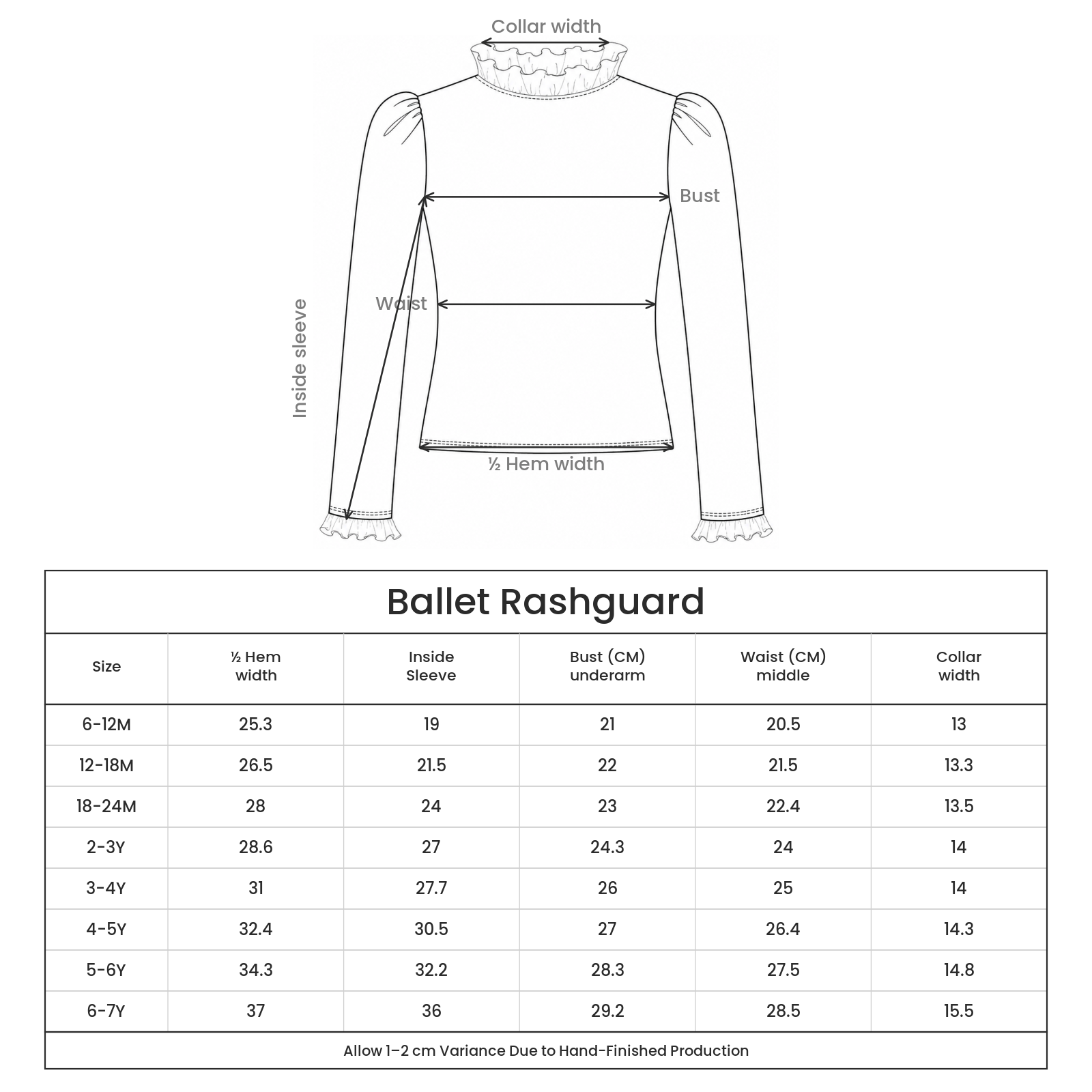 Ballet Rashguard size guide