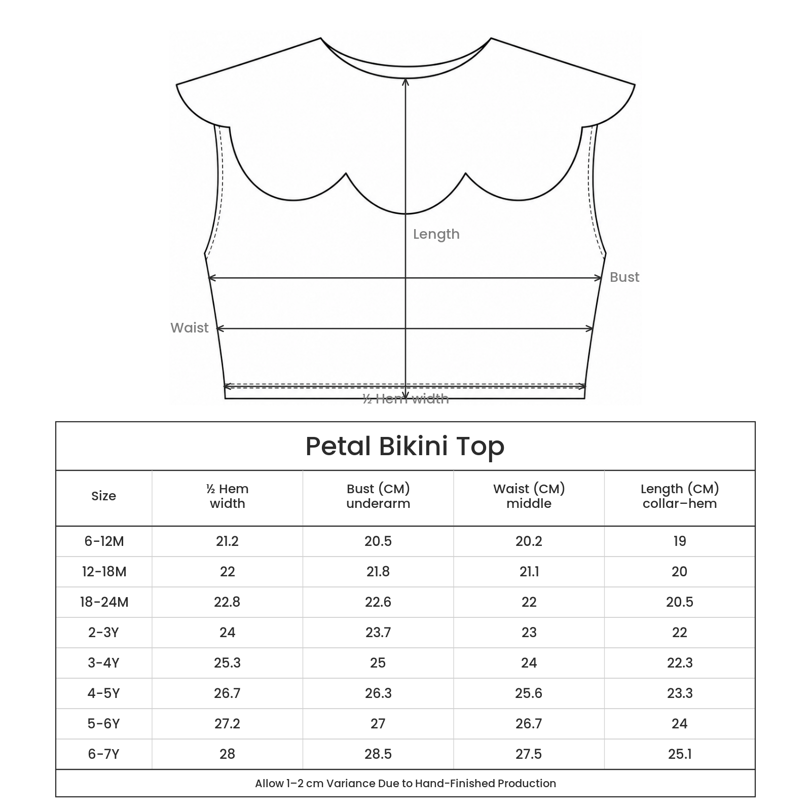 Petal Bikini Top size guide