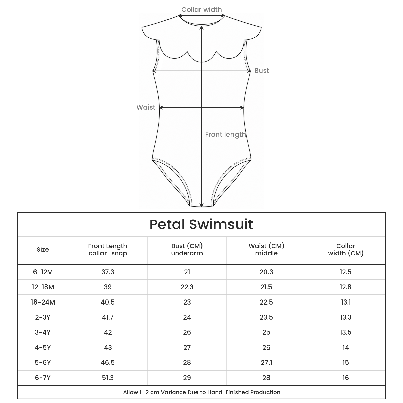 Petal Swimsuit size guide